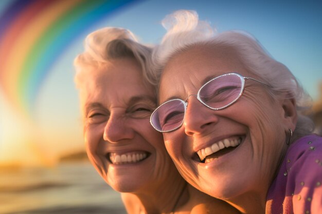 Happy Senior Gay Couple Swimming at LGBTQ Pride Parade in Tel Aviv Israel