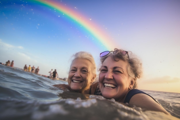 Happy Senior Gay Couple Swimming at LGBTQ Pride Parade in Tel Aviv Israel