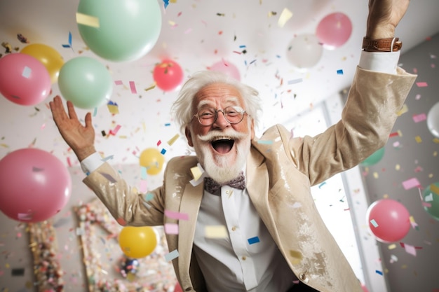 Photo happy senior grandfather faving fun at birthday party joyful grand parent concept