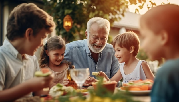 Счастливый старший дедушка разговаривает и веселится с внуками