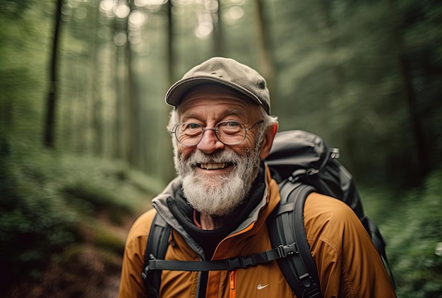 happy senior hiking in forest in the style of ominous vibe