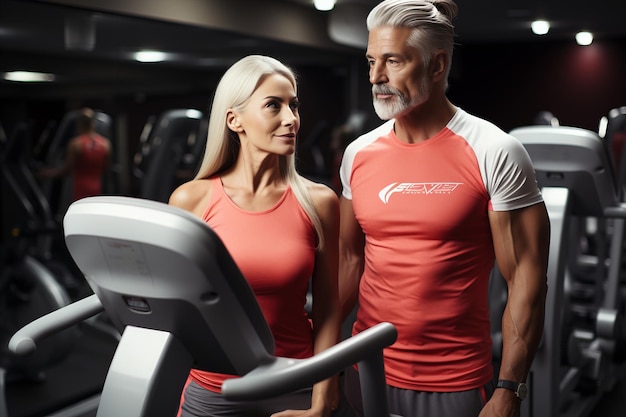 Happy senior husband and wife working out and exercising together with joy at the fitness studio