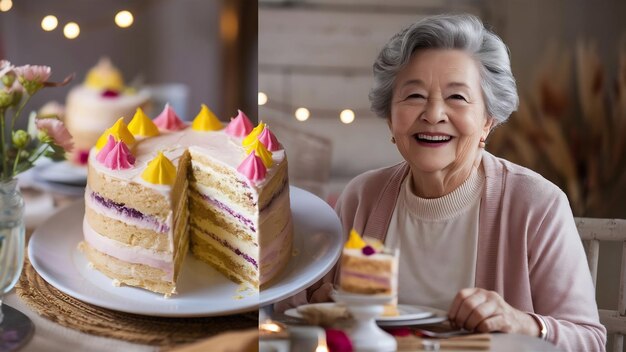 사진 맛있는 디저트를 즐기는 행복한 시니어 레이디