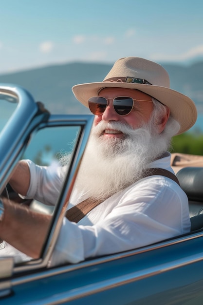 Счастливый пожилой человек наслаждается роскошным приключением в кабриолете летом в Италии.