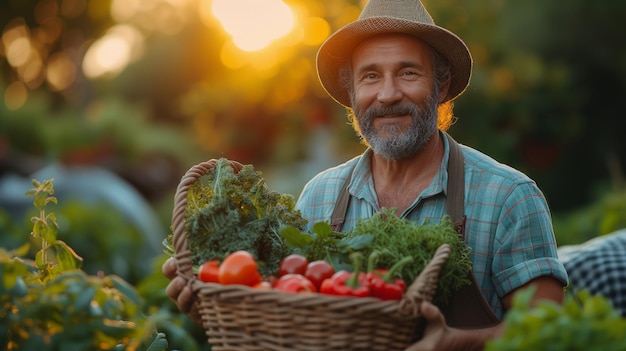 Happy senior man farmer holding a basket of fresh vegetables in the garden at sunset