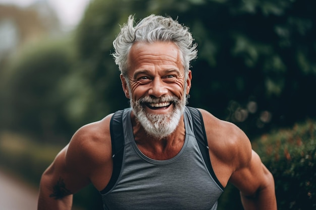 A happy senior man in fitness wear running in a park Generative Ai