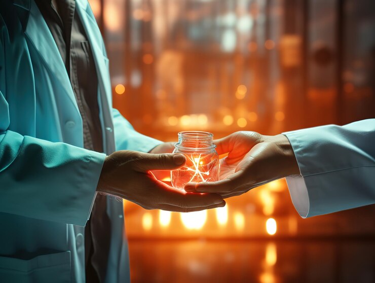 Happy senior man handshaking with female doctor while talking in lobby at clinic Graphics design