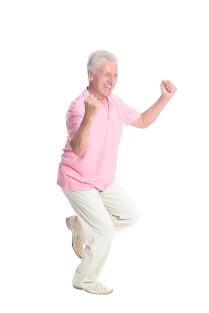 Happy senior man posing isolated on white background