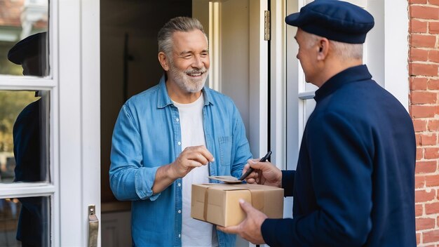 Photo happy senior man receiving packages and signing to postman for a home delivery