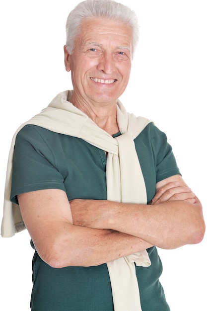 Happy senior man in shirt on white background