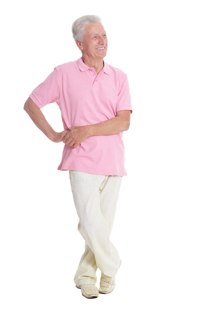 Happy senior man in shirt on white background