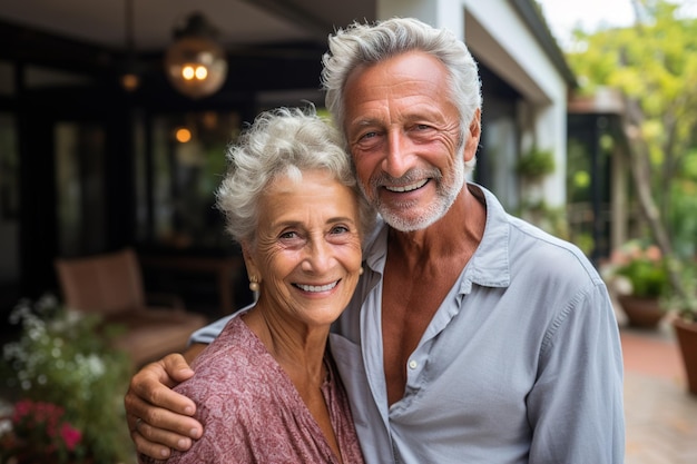 Happy senior married couple in the backyard of the house smiling elderly man husband hugging his wife outdoors