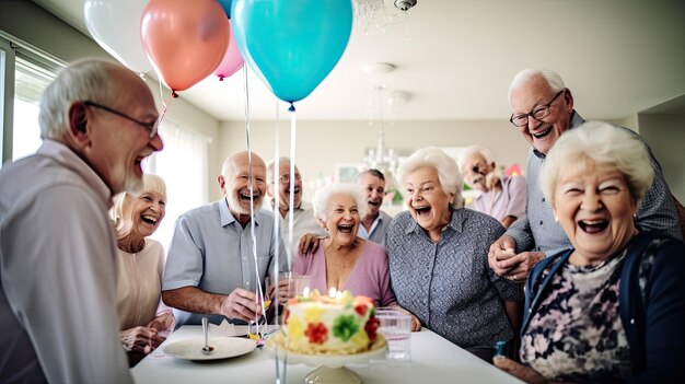 Photo happy senior people celebrating birthday