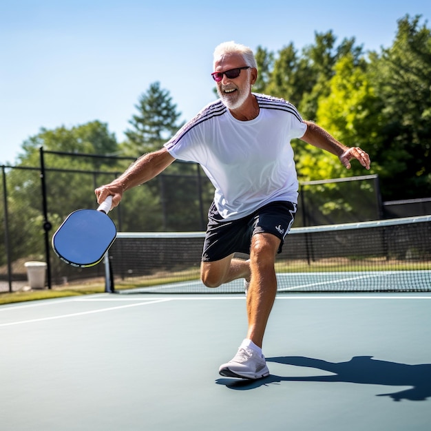 Photo happy senior playing pickleball