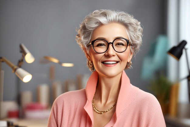 Happy senior woman in bright classic glasses keeps smiling in fashion studio