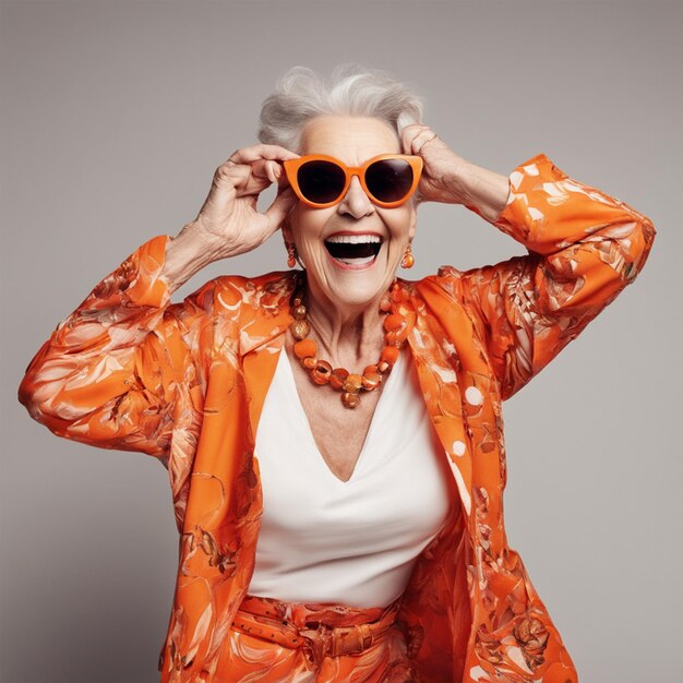 Happy senior woman in colorful orange outfit cool sunglasses laughing and having fun in fashion st