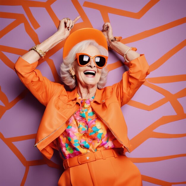 Счастливая старшая женщина в красочном оранжевом наряде с прохладными солнцезащитными очками смеется и веселится в моде