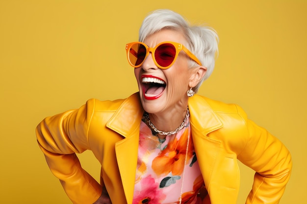 Happy senior woman in colorful yellow outfit cool sunglasses laughing and having fun in fashion