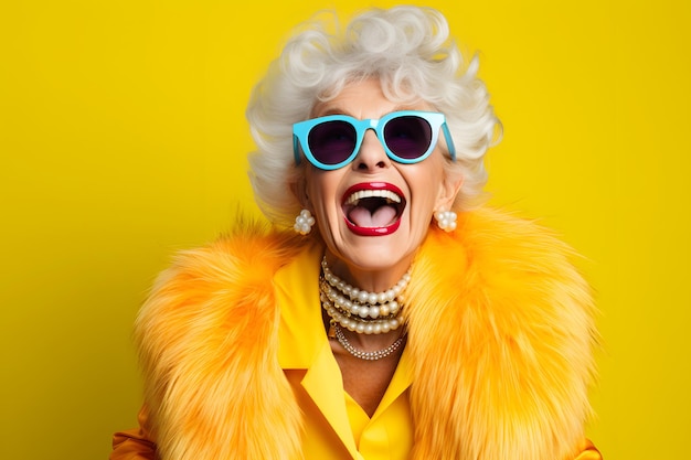 Happy senior woman in colorful yellow outfit cool sunglasses laughing and having fun in fashion