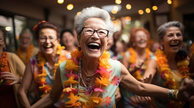 お祭りで踊る幸せな年配の女性ジェネレーティブAI