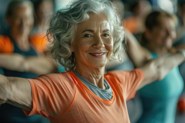 Happy Senior Woman Exercising With Group In Gym Soncept Fitness For Seniors Group Exercise Active Aging Senior Fitness Gym Workouts ar 32 style raw stylize 250 Job ID be5e4e81de30474695417f74967ecb59