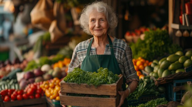 Счастливая старшая фермерка продает свою продукцию овощи на рынке или в магазине
