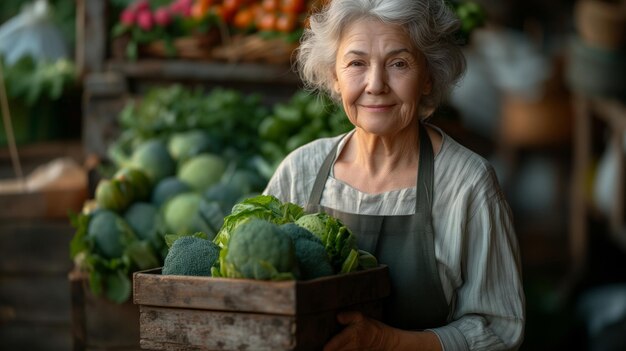 Happy senior woman farmer sell his products vegetables at the market or shop