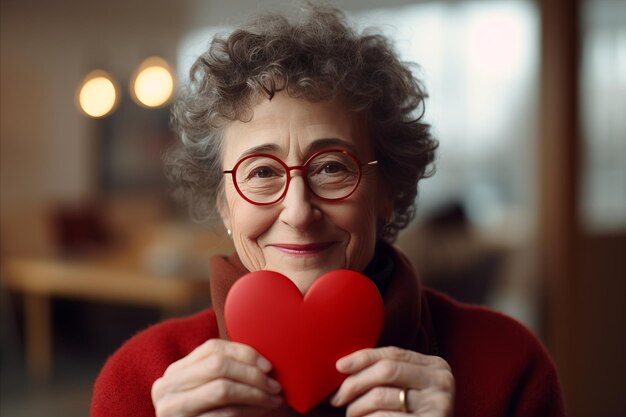 Happy senior woman holding heartshaped sticker with blank space for customizable text or message