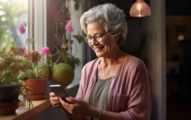 Happy Senior Woman Holding a Smart Device