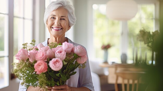 행복 한 고령 여성 은 손 에 꽃 꽃다발 을 들고 있다