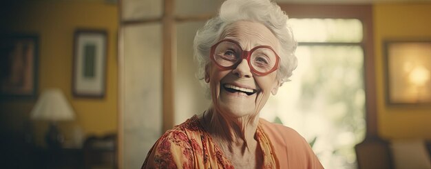 Счастливая пожилая женщина в доме престарелых
