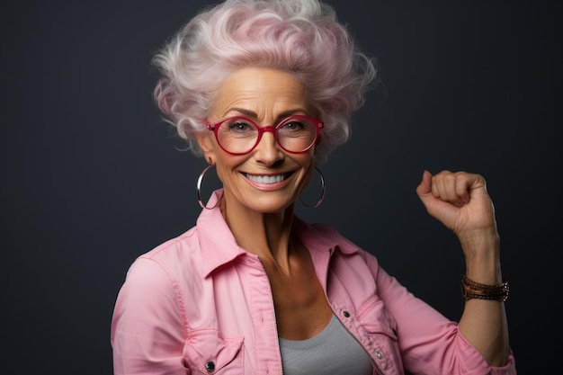 Foto una donna anziana felice in maglietta rosa orgogliosa della sua forma forte generativa ai