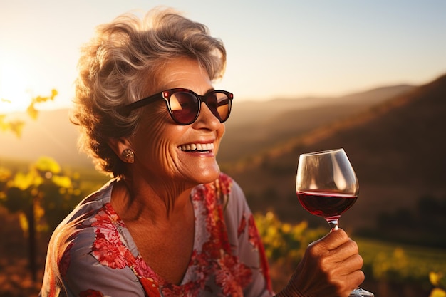 Photo happy senior woman tasting red wine in vineyard at sunset