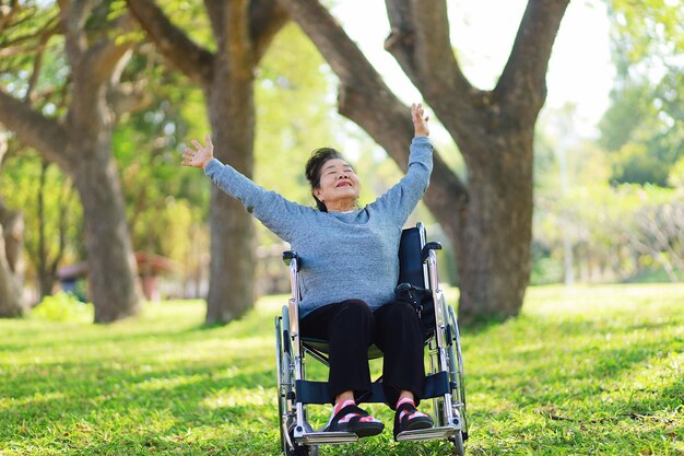 写真 公園で車椅子に座っている腕を上げた幸せな高齢の女性