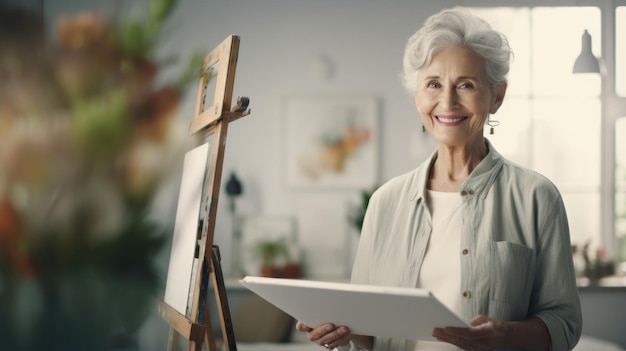 Happy senior woman with drawing picture at studio as activity after during their active retirement