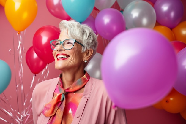 Photo happy senior woman with gray hair in elegant clothes and eyeglasses smiling and looking at balloons during nerds party