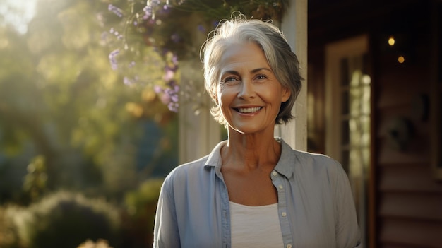 Счастливая пожилая женщина с седыми волосами стоит возле дома