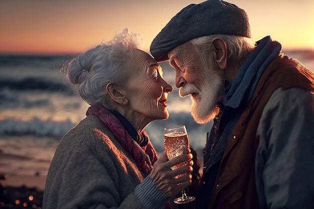 Happy seniors couple in their 70s drinking champagne on the seashore at sunset Generative AI