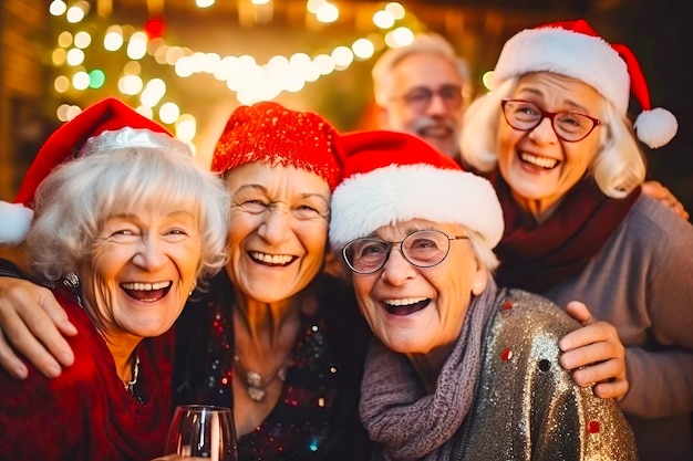 Happy seniors in their 70s enjoying new year's celebration generative ai