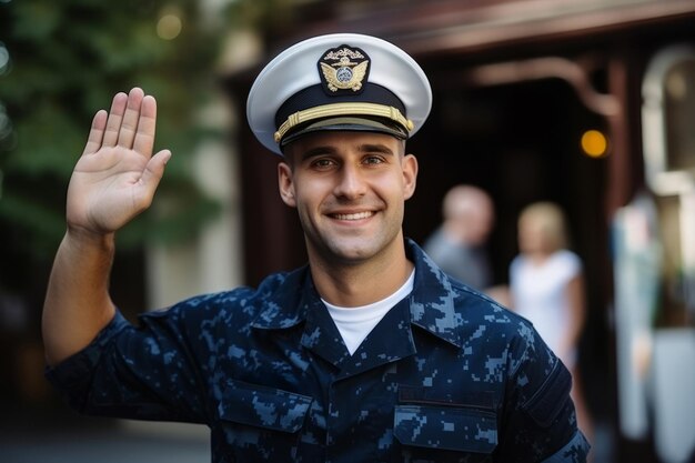 Foto felice militare agitando la mano al suo ritorno a casa