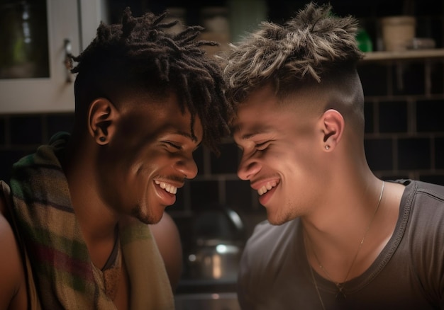 Happy and sexy young gay couple cooking meal together at home