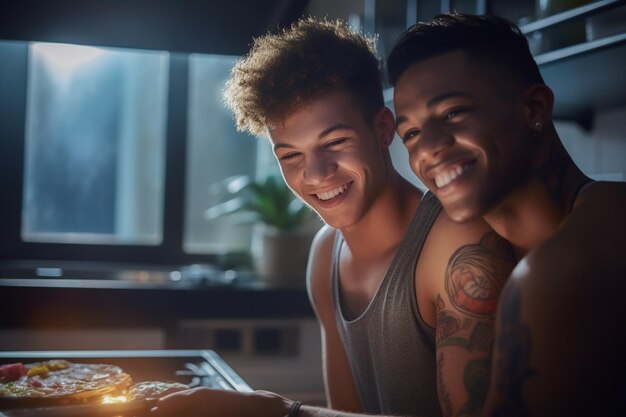 Happy and sexy young gay couple cooking meal together at home