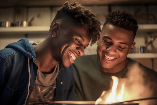 Happy and sexy young gay couple cooking meal together at home