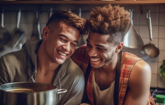 Photo happy and sexy young gay couple cooking meal together at home