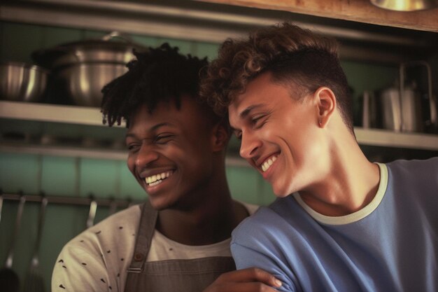 Happy and sexy young gay couple cooking meal together at home