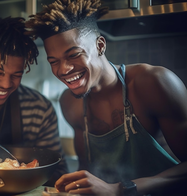 Happy and sexy young gay couple cooking meal together at home