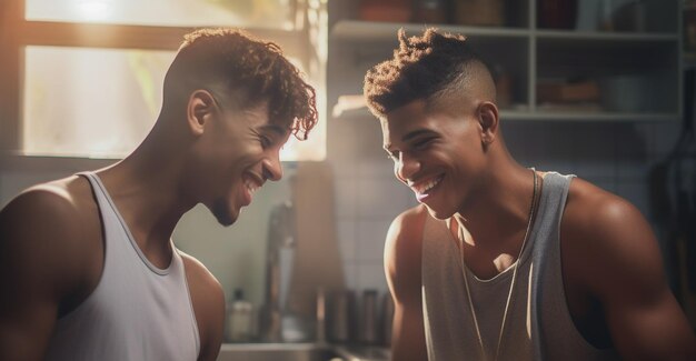 Happy and sexy young gay couple cooking meal together at home