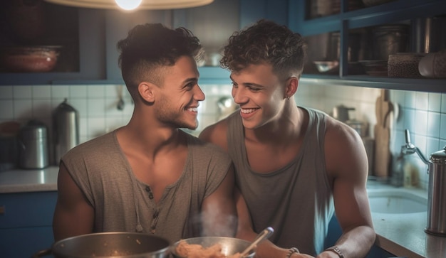 Happy and sexy young gay couple cooking meal together at home