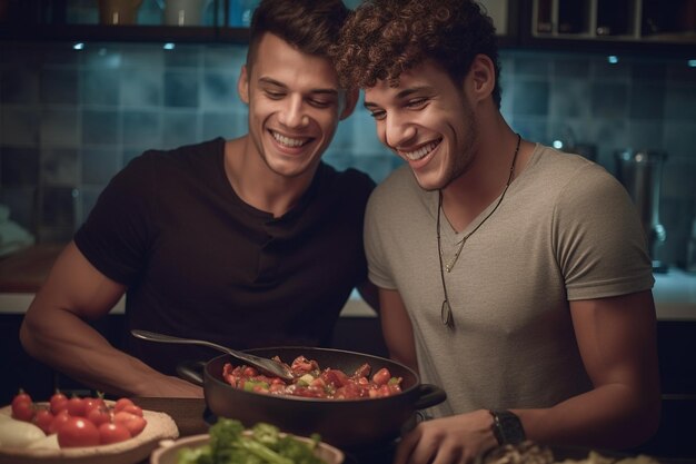 Foto giovani coppie gay felici e sexy che cucinano pasto insieme a casa