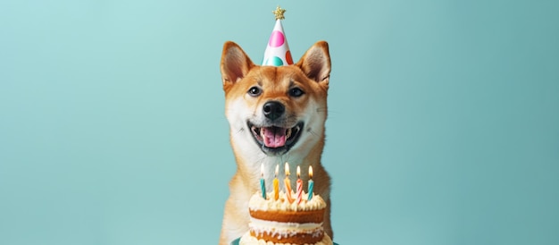 青い背景の誕生日ケーキとろうそくを飾った幸せなシバ・イヌ犬